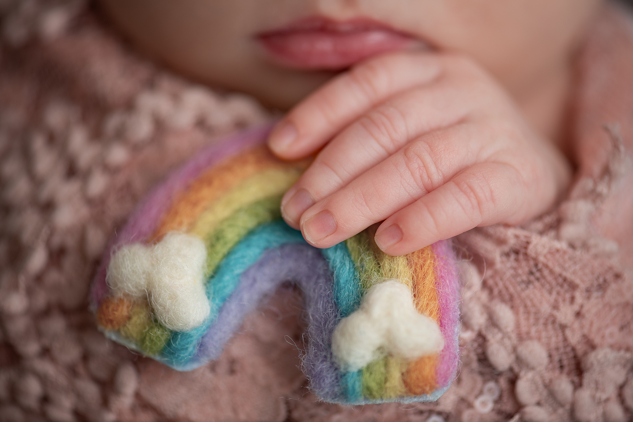 close up macro photo baby fingers holding felted rainbow in home posed newborn photographer strathcona county alberta