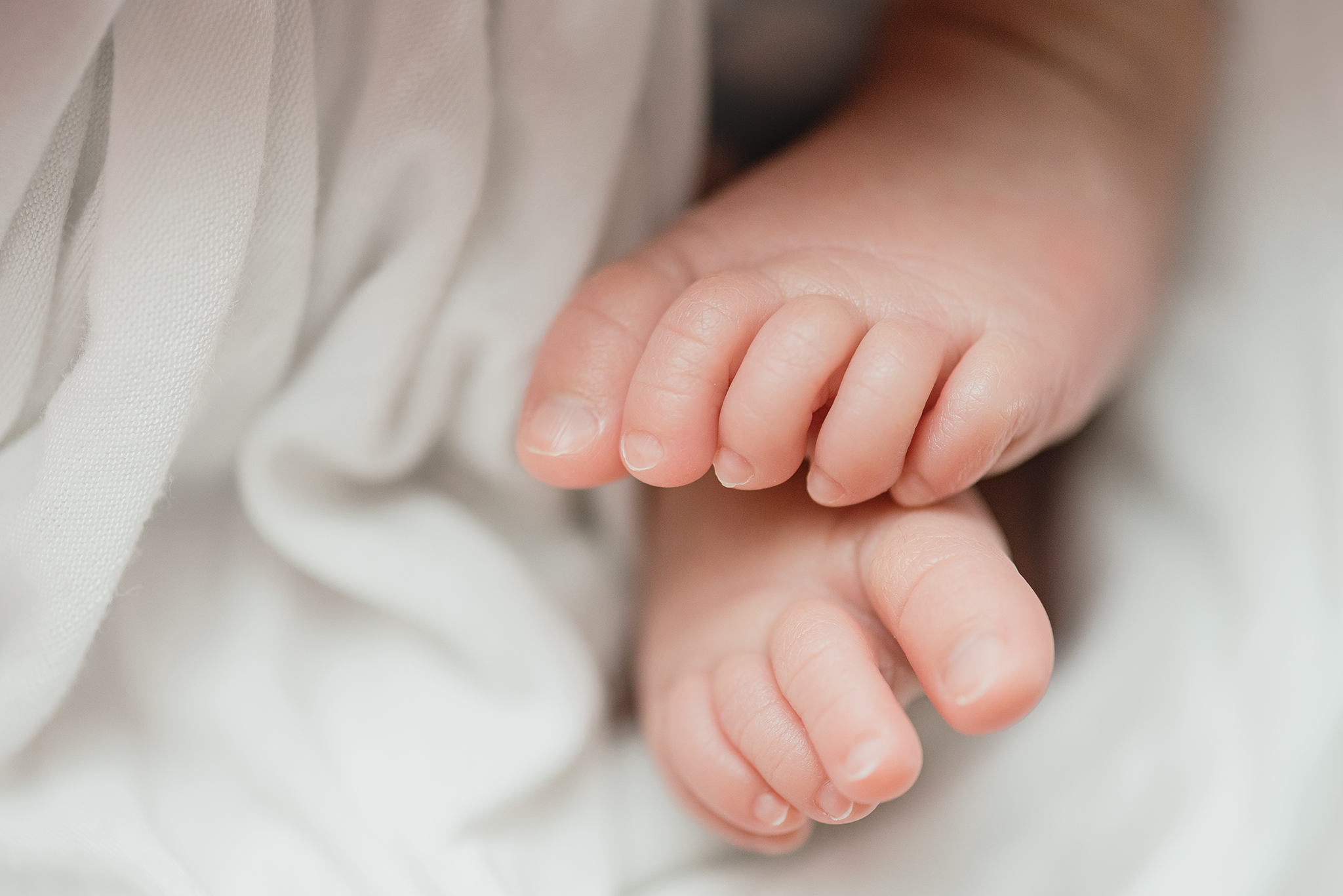 close up macro photo baby feet wrapped in white in home newborn photographer edmonton alberta