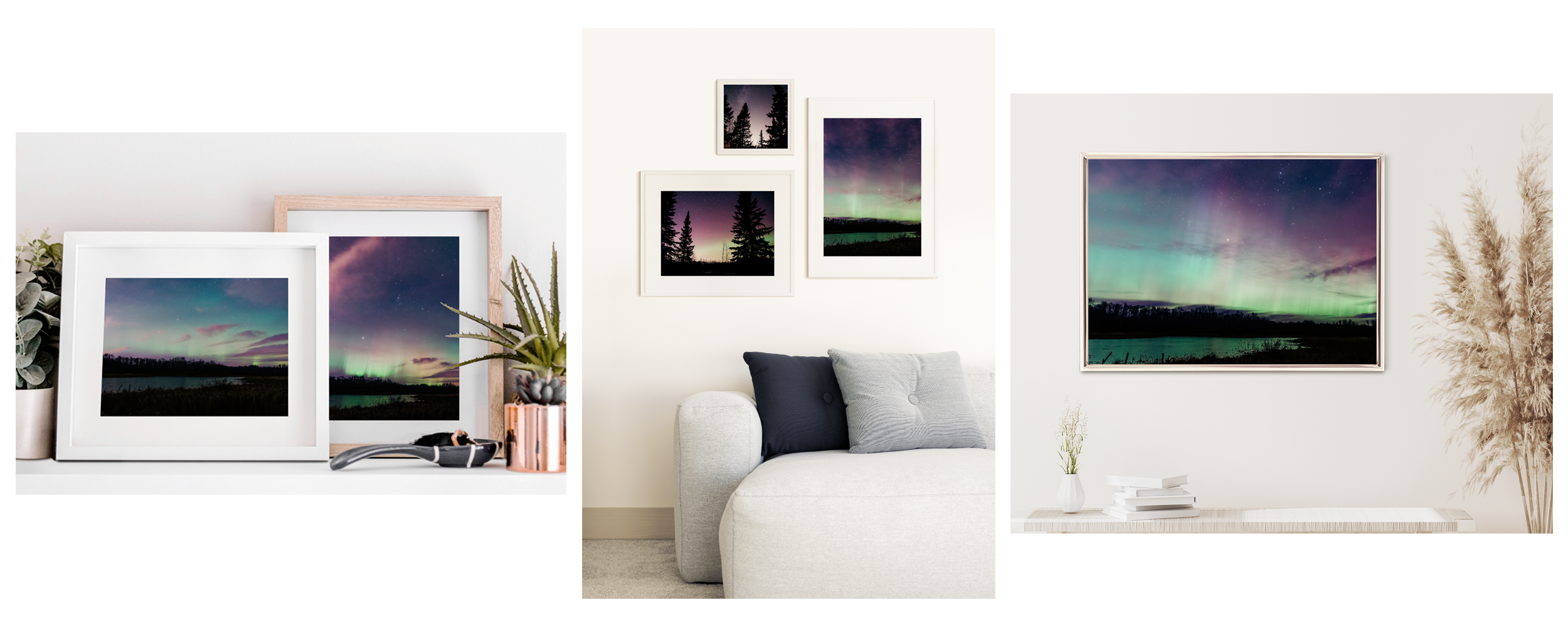 Aurora borealis fine art prints displayed in a modern living room