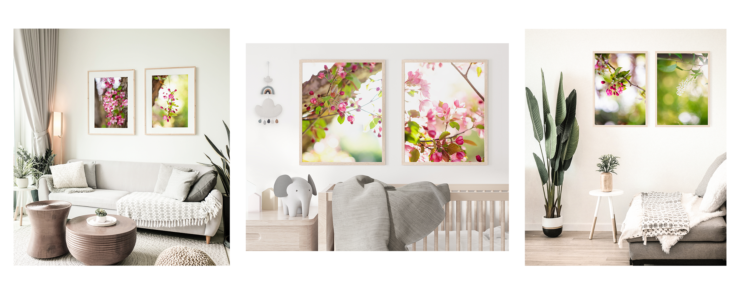 Blossom fine art prints displayed in a styled home interior