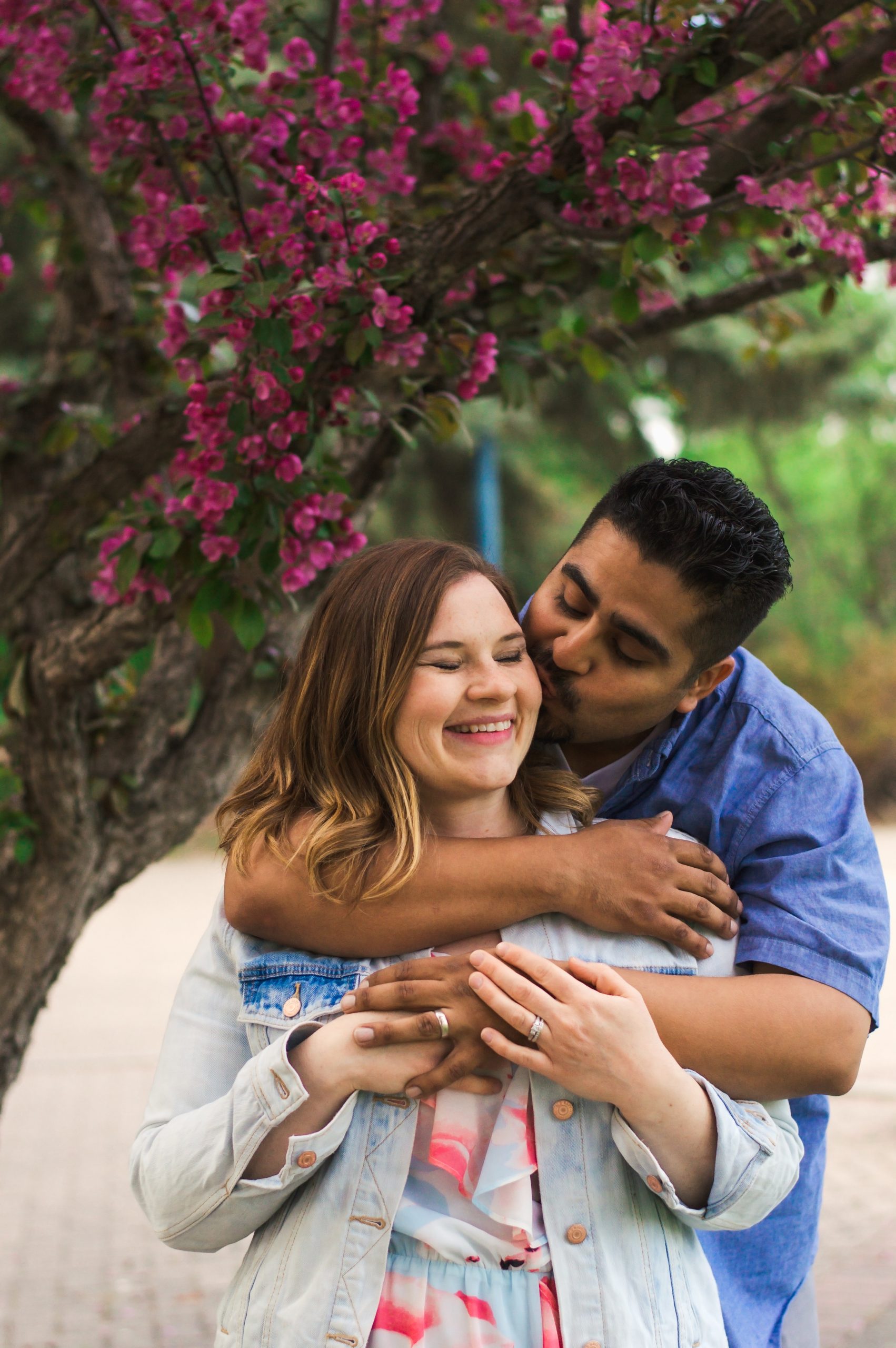 husband kisses wifes cheek near cherry blossoms edmonton downtown family photo session